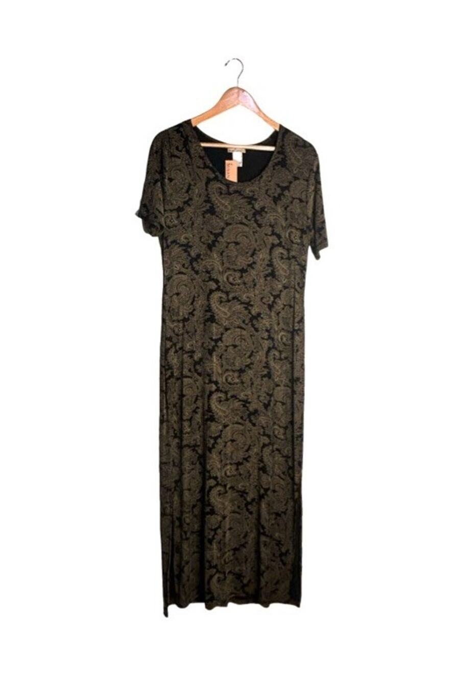 Susan Lawrence Paisley Maxi Dress Size Large Vintage Black Gold Short Sleeve NWT